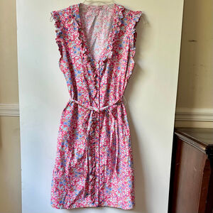 Women's Kayce Hughes Pink Blue Floral Ruffle Button Front Midi Dress Size 8